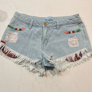 Show Me Your MuMu Light Blue Jean Shorts with Colorful Fringe